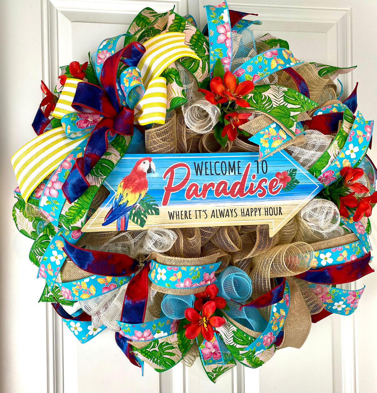 Tropical Paradise Welcome Beach Wreath - Coastal Happy Hour Decor, Large Wreath