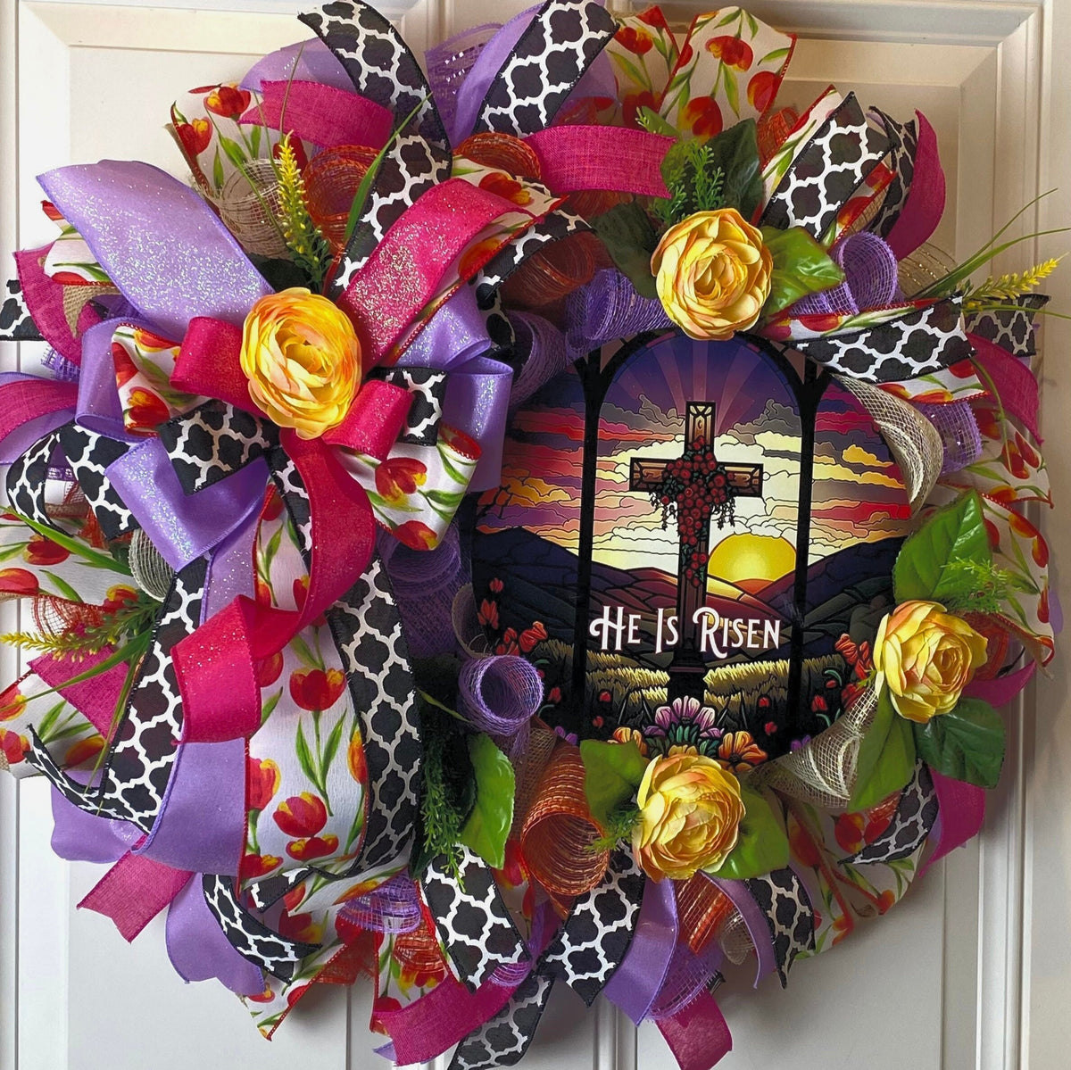 He Is Risen Easter Wreath: Stained Glass Cross, Spring Ranunculus