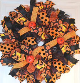 Halloween, Pumpkin Wreath, Fall wreath for front door, Double Doors Orange and black