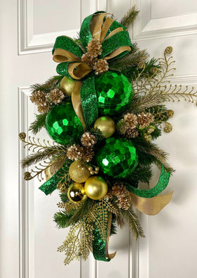 Green Gold Holiday Swag, Christmas Ornament Wreath