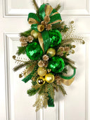 Green Gold Holiday Swag, Christmas Ornament Wreath