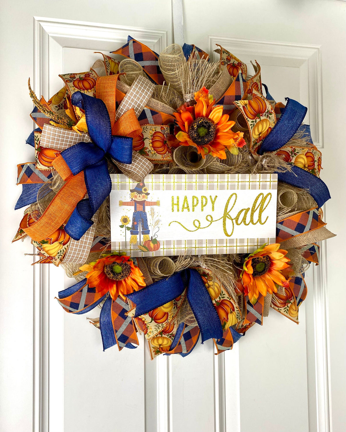 Sunflower Scarecrow Fall Wreath: Burlap & Denim Farmhouse Decor