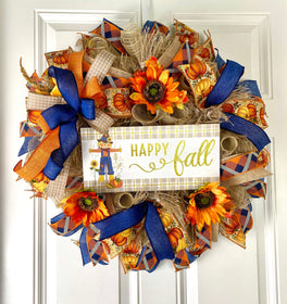 Sunflower Scarecrow Fall Wreath: Burlap & Denim Farmhouse Decor