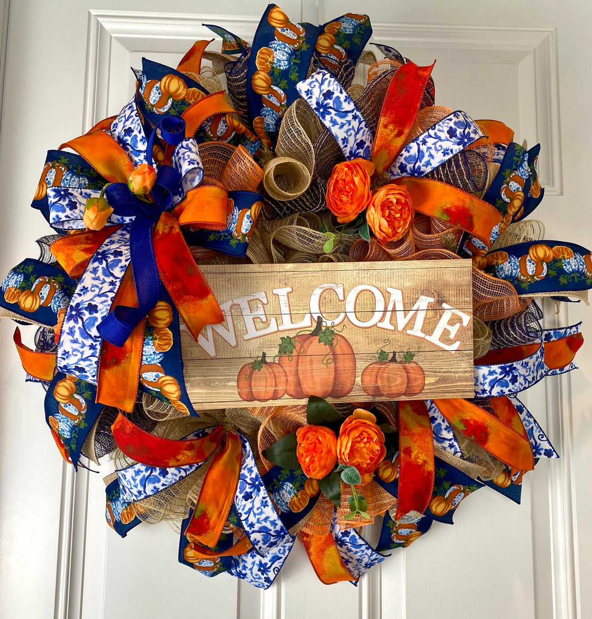 Blue Toile Pumpkin Fall Wreath: Orange Peony, Front Door Decor