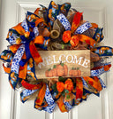 Blue Toile Pumpkin Fall Wreath: Orange Peony, Front Door Decor