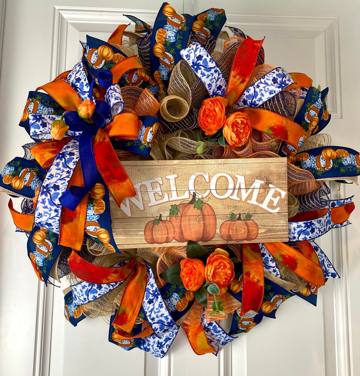 Blue Toile Pumpkin Fall Wreath: Orange Peony, Front Door Decor