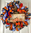 Blue Toile Pumpkin Fall Wreath: Orange Peony, Front Door Decor