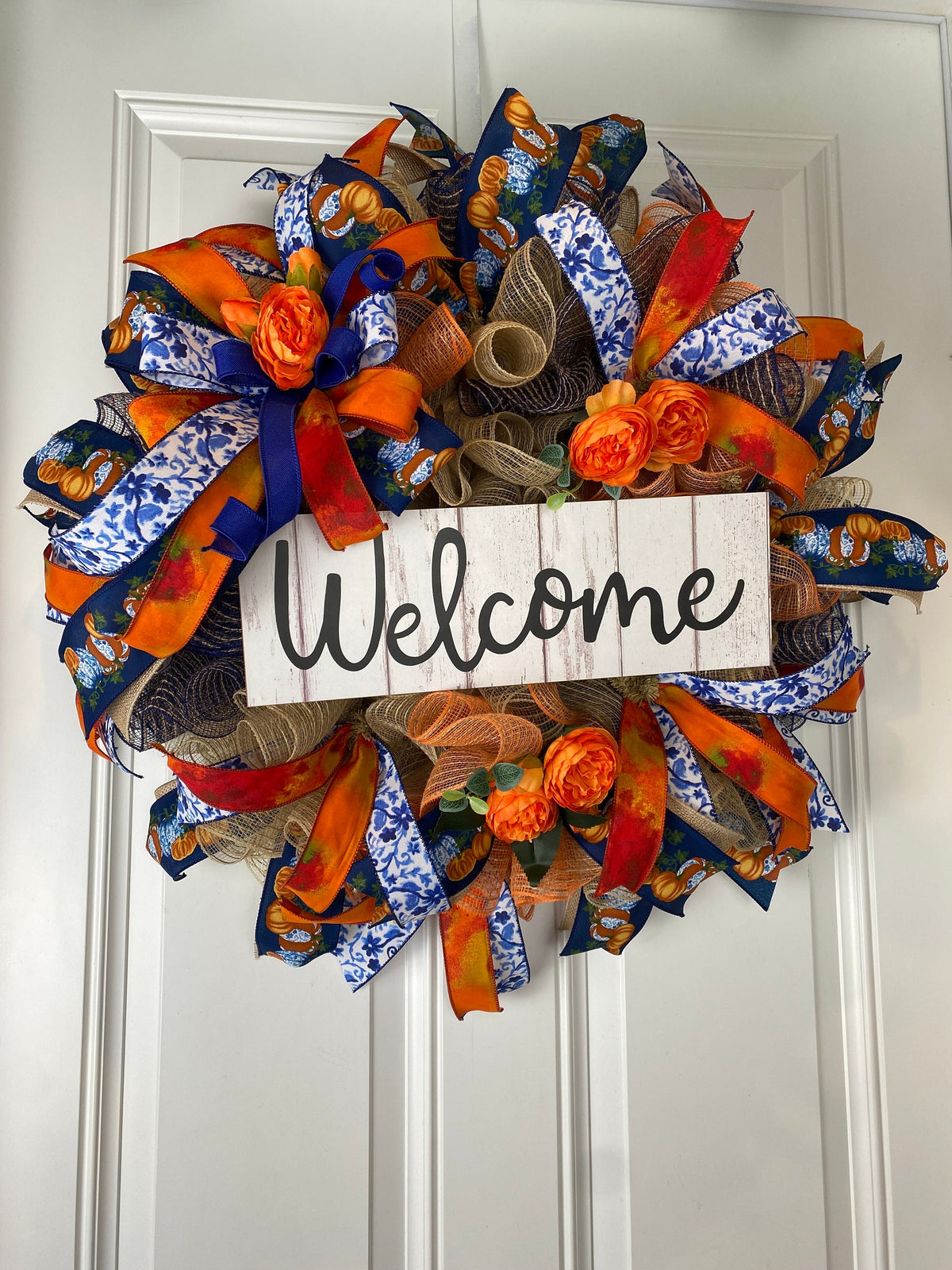 Blue Toile Pumpkin Fall Wreath: Orange Peony, Front Door Decor