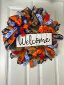 Blue Toile Pumpkin Fall Wreath: Orange Peony, Front Door Decor