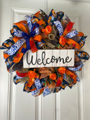 Blue Toile Pumpkin Fall Wreath: Orange Peony, Front Door Decor
