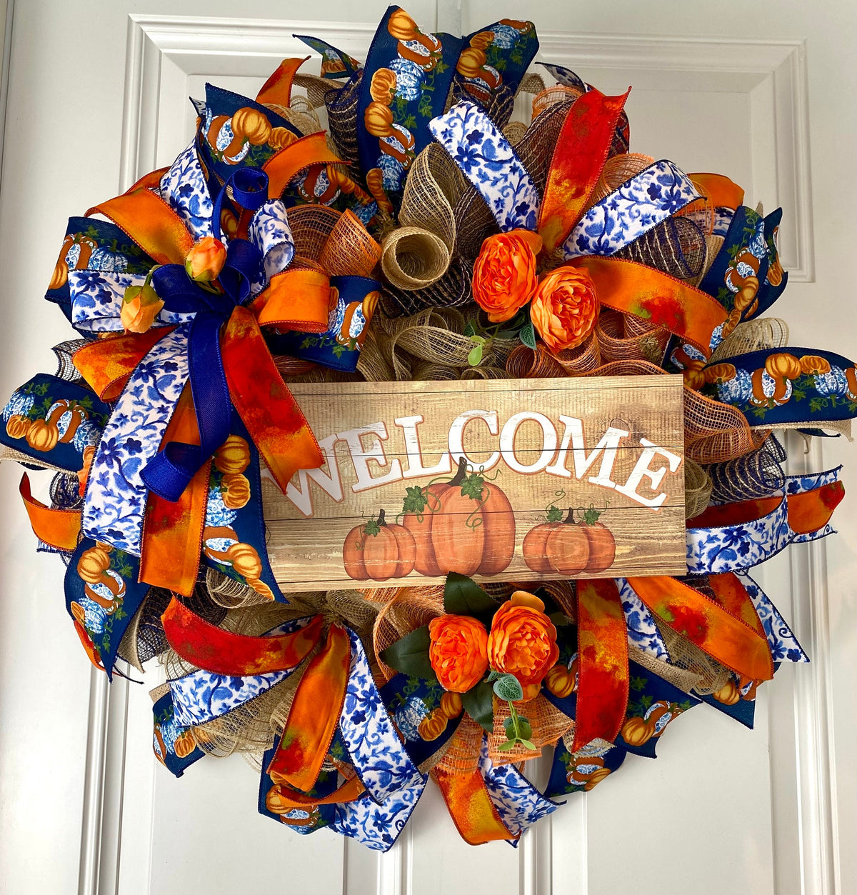 Blue Toile Pumpkin Fall Wreath: Orange Peony, Front Door Decor