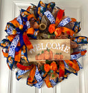 Blue Toile Pumpkin Fall Wreath: Orange Peony, Front Door Decor
