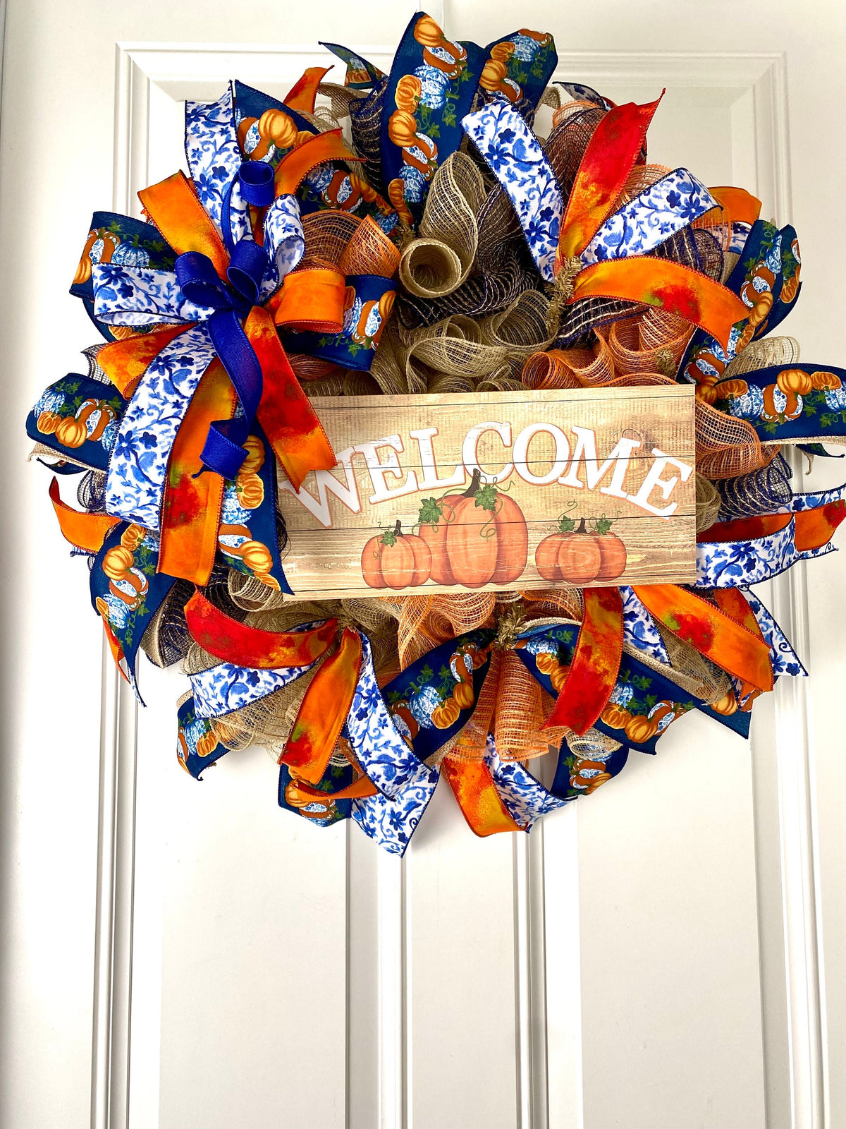 Blue Toile Pumpkin Fall Wreath: Orange Peony, Front Door Decor