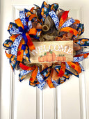 Blue Toile Pumpkin Fall Wreath: Orange Peony, Front Door Decor