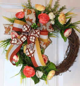 Floral Grapevine Wreath: Fall Thanksgiving Halloween Front Door Decor
