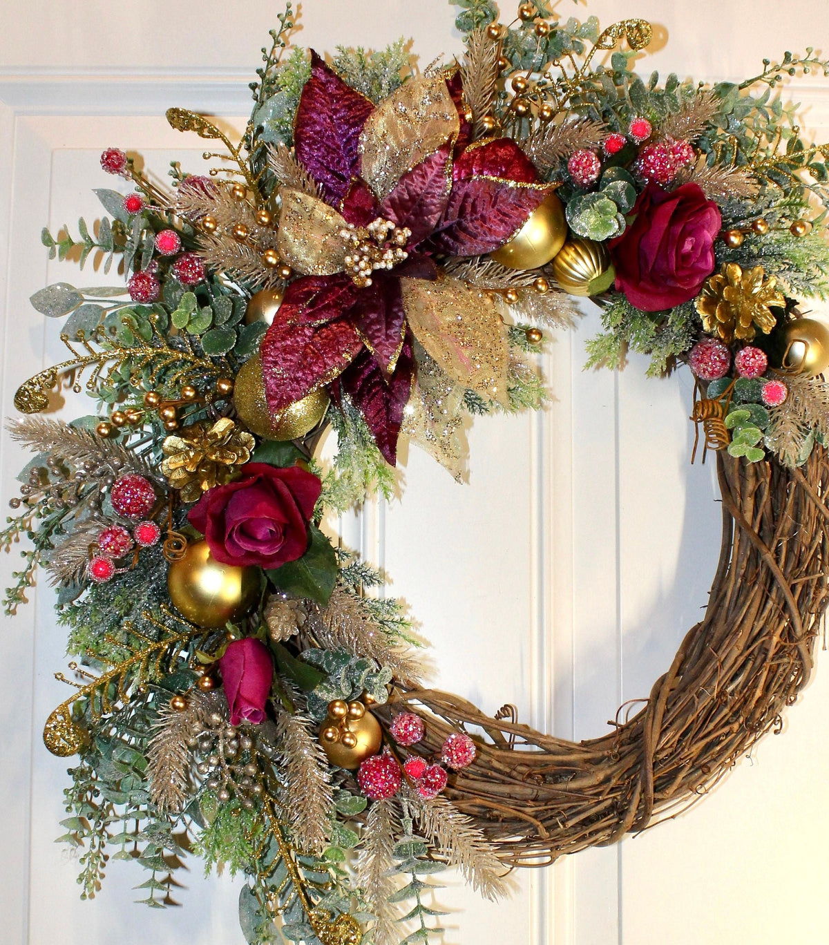 Ornament Christmas Wreath, Poinsettia, Purple Magenta Gold Holiday Ornament Wreath, Winter Porch Decor,