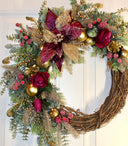 Ornament Christmas Wreath, Poinsettia, Purple Magenta Gold Holiday Ornament Wreath, Winter Porch Decor,