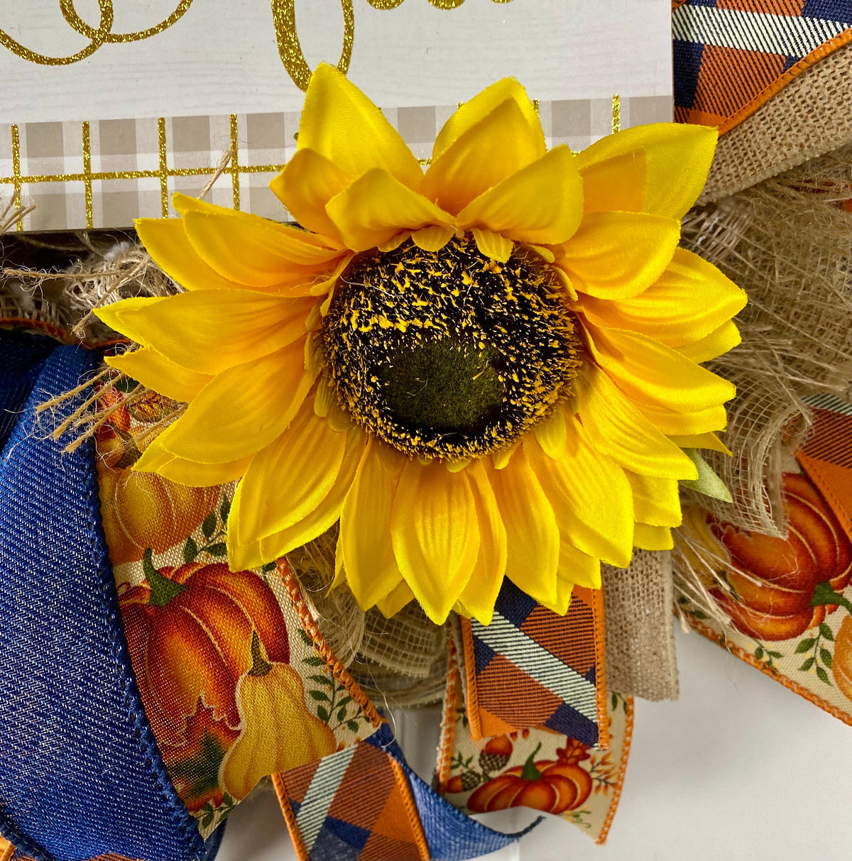 Sunflower Scarecrow Fall Wreath: Burlap & Denim Farmhouse Decor