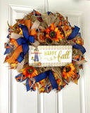 Sunflower Scarecrow Fall Wreath: Burlap & Denim Farmhouse Decor