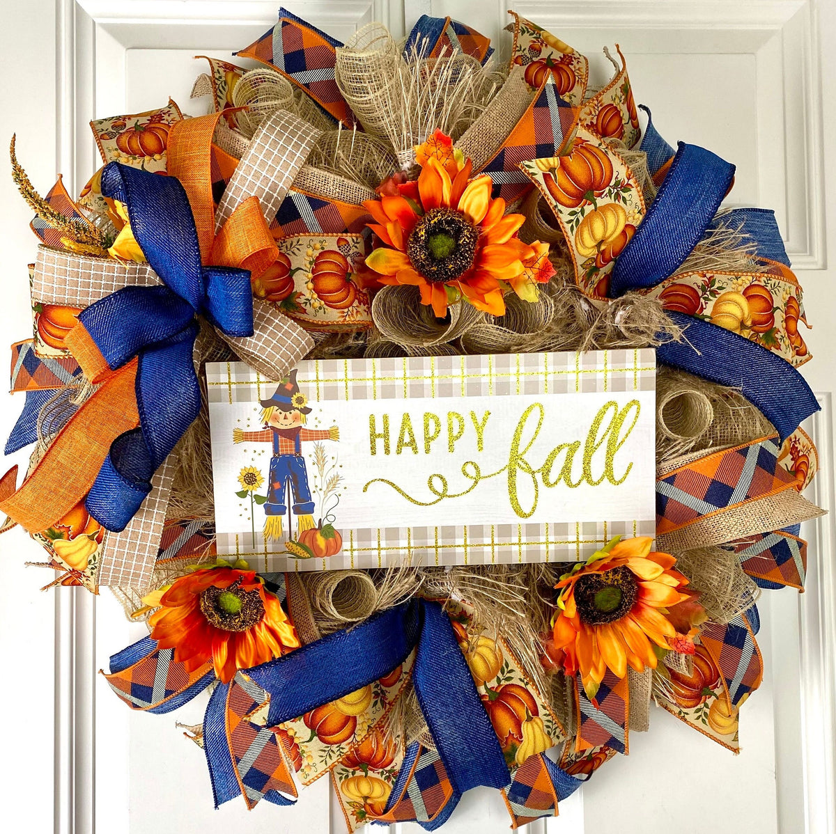 Sunflower Scarecrow Fall Wreath: Burlap & Denim Farmhouse Decor
