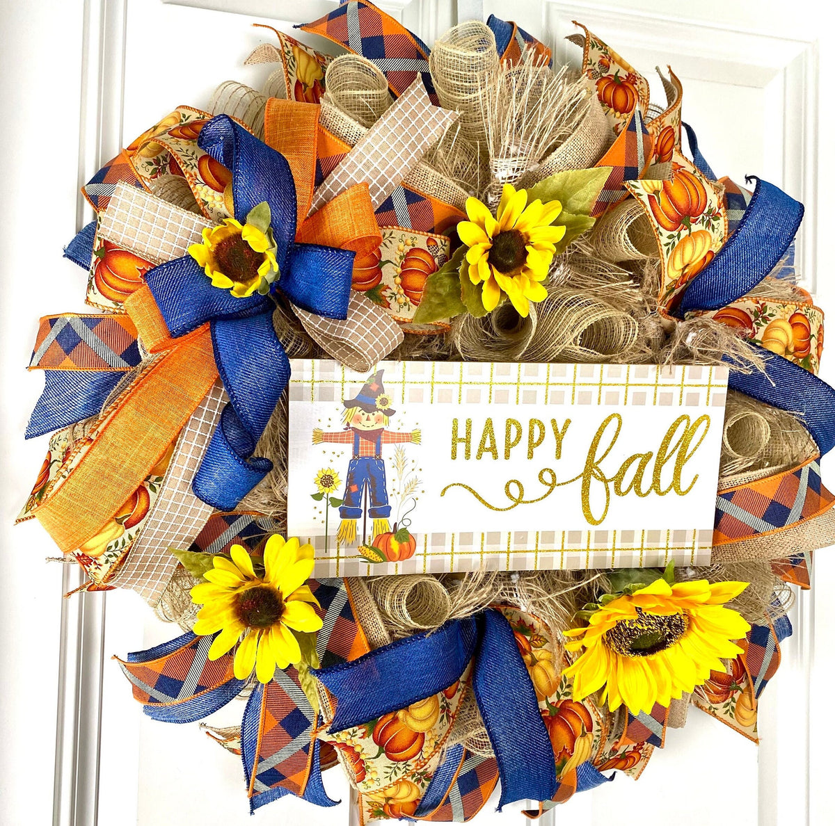 Sunflower Scarecrow Fall Wreath: Burlap & Denim Farmhouse Decor
