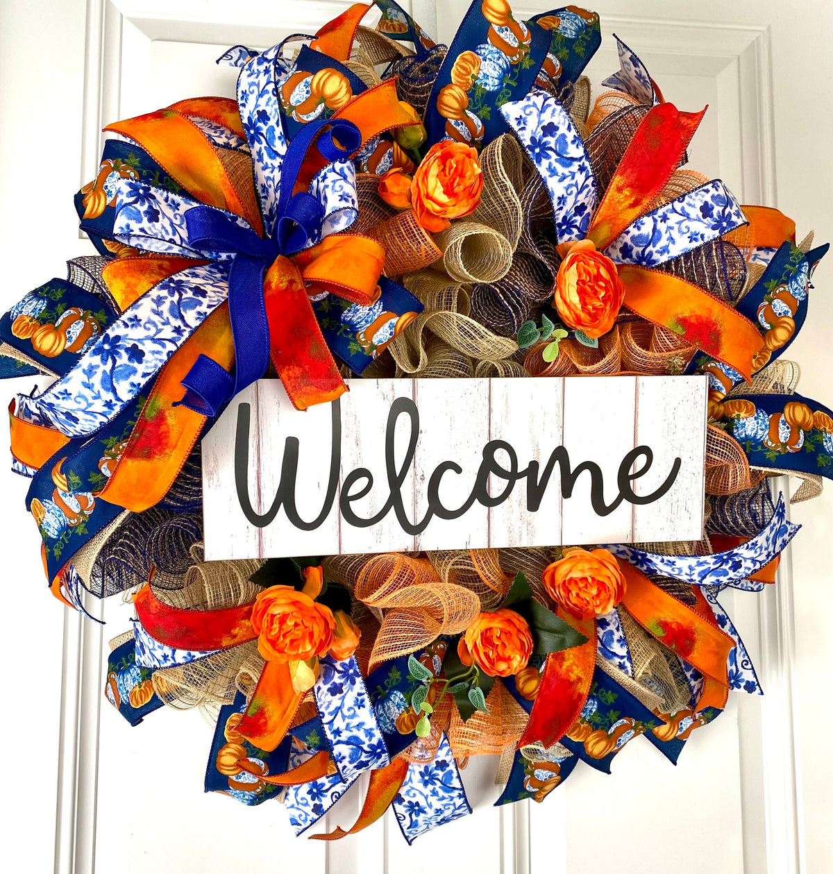 Blue Toile Pumpkin Fall Wreath: Orange Peony, Front Door Decor
