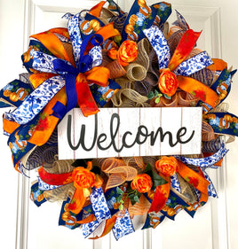 Blue Toile Pumpkin Fall Wreath: Orange Peony, Front Door Decor