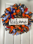 Blue Toile Pumpkin Fall Wreath: Orange Peony, Front Door Decor