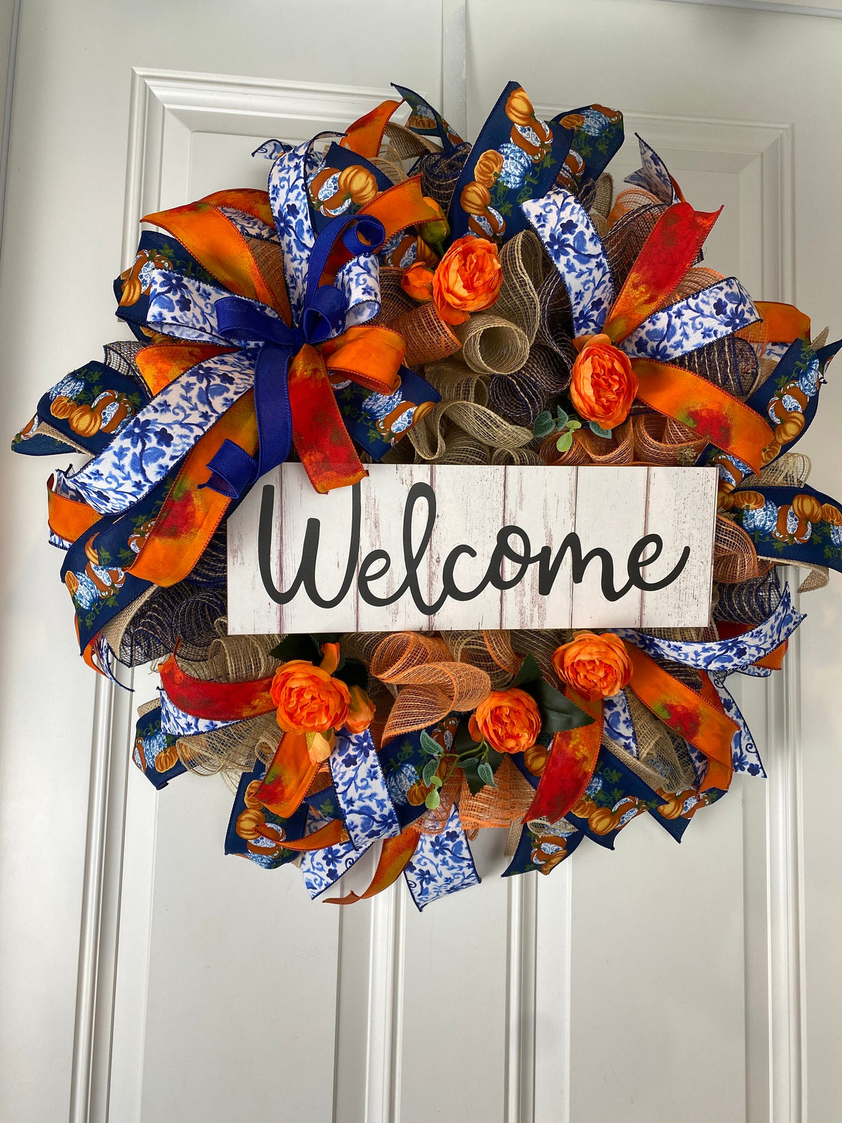 Blue Toile Pumpkin Fall Wreath: Orange Peony, Front Door Decor