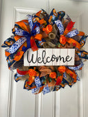 Blue Toile Pumpkin Fall Wreath: Orange Peony, Front Door Decor