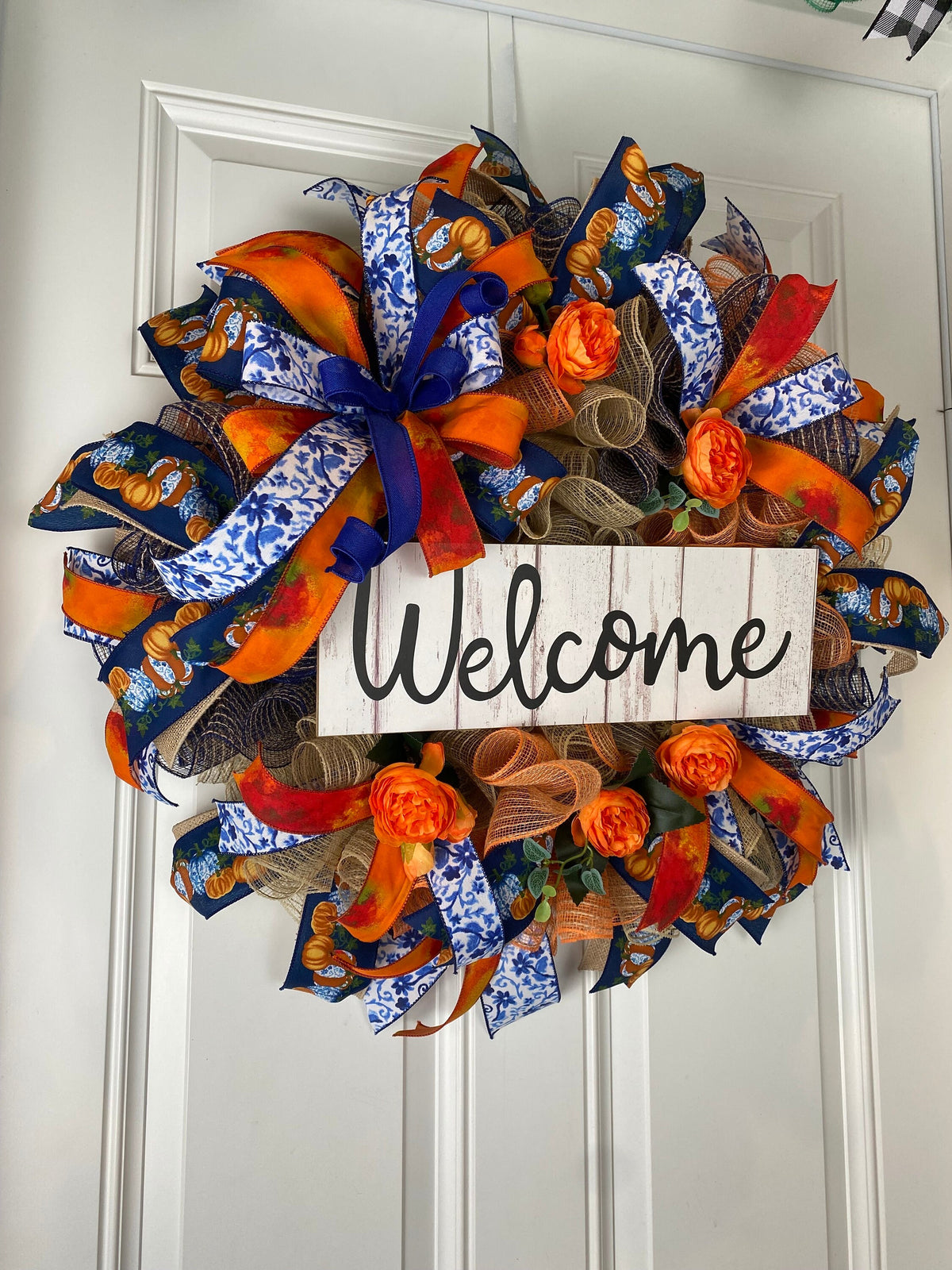 Blue Toile Pumpkin Fall Wreath: Orange Peony, Front Door Decor