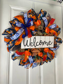 Blue Toile Pumpkin Fall Wreath: Orange Peony, Front Door Decor