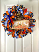 Blue Toile Pumpkin Fall Wreath: Orange Peony, Front Door Decor