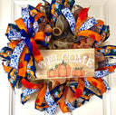 Blue Toile Pumpkin Fall Wreath: Orange Peony, Front Door Decor
