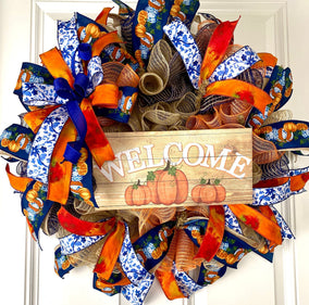 Blue Toile Pumpkin Fall Wreath: Orange Peony, Front Door Decor