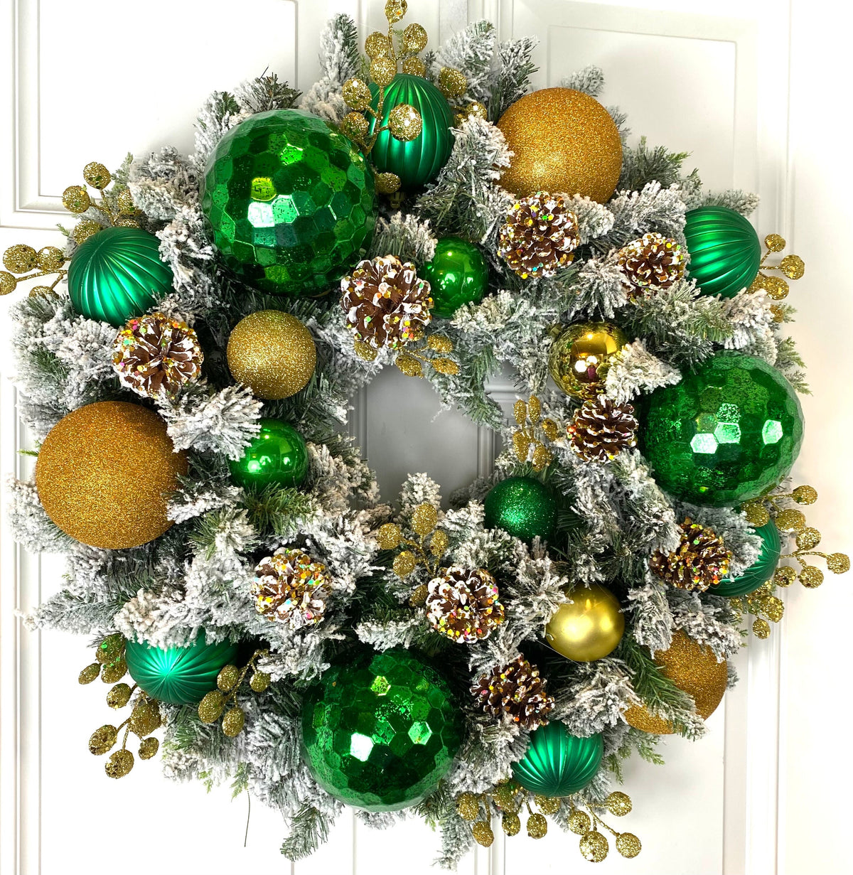 Lighted Green and Gold Christmas Ornament Pinecone Wreath: Winter Porch Decor