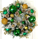 Lighted Green and Gold Christmas Ornament Pinecone Wreath: Winter Porch Decor