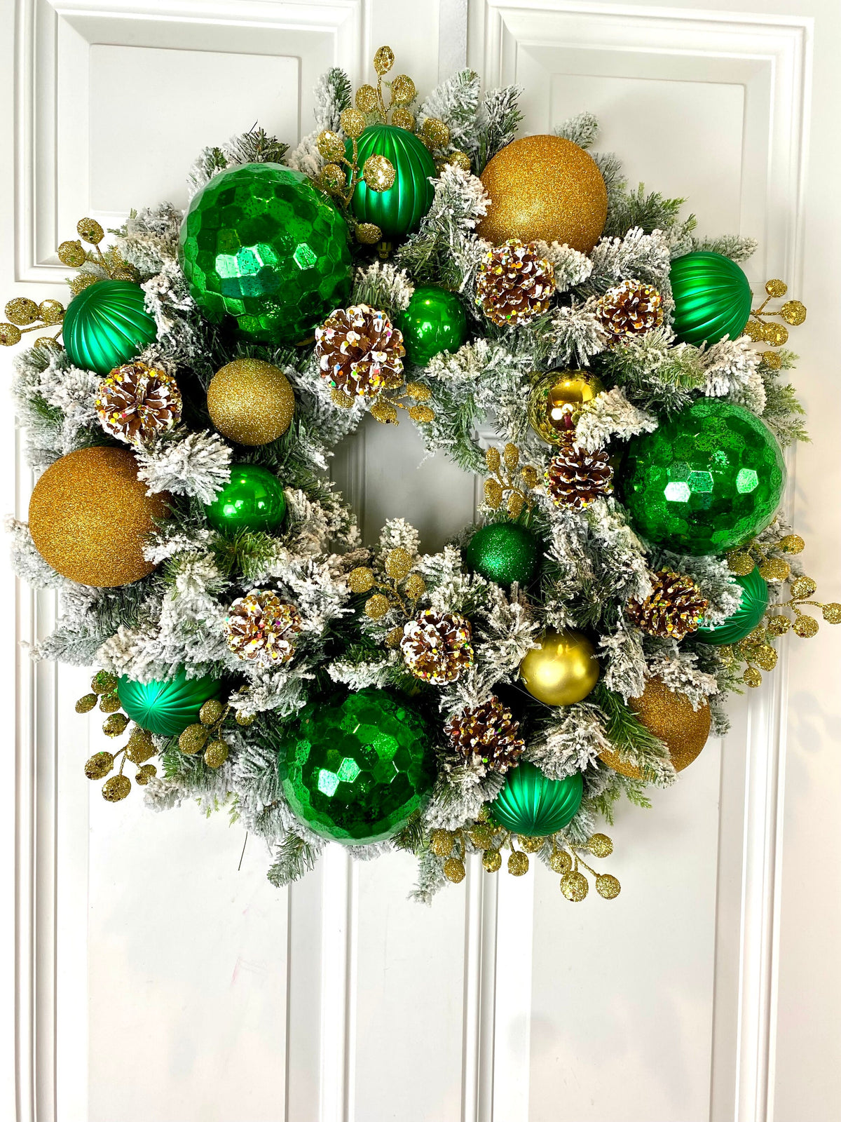 Lighted Green and Gold Christmas Ornament Pinecone Wreath: Winter Porch Decor