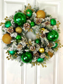 Lighted Green and Gold Christmas Ornament Pinecone Wreath: Winter Porch Decor