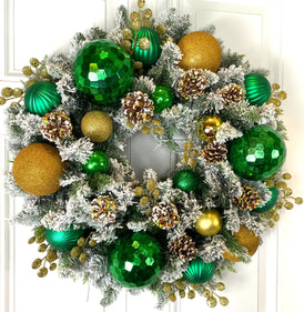 Lighted Green and Gold Christmas Ornament Pinecone Wreath: Winter Porch Decor