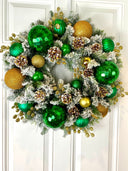 Lighted Green and Gold Christmas Ornament Pinecone Wreath: Winter Porch Decor