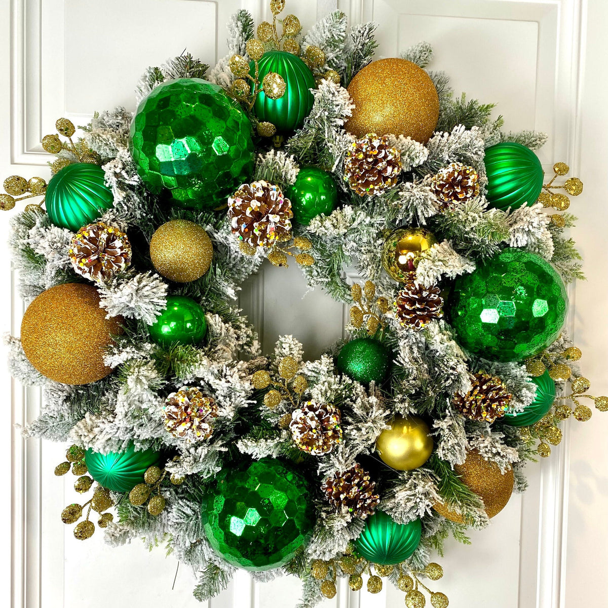 Lighted Green and Gold Christmas Ornament Pinecone Wreath: Winter Porch Decor
