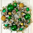 Lighted Green and Gold Christmas Ornament Pinecone Wreath: Winter Porch Decor