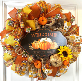 Fall Wreath, Farmhouse decor, Pumpkin decor, deco mesh wreath, Fall wreath for front door, fall decor, double door wreath