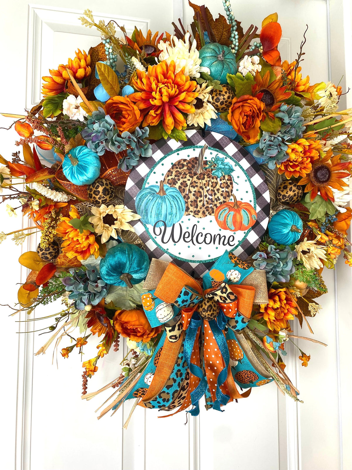 Large Leopard Pumpkin Fall Wreath, Floral Autumn