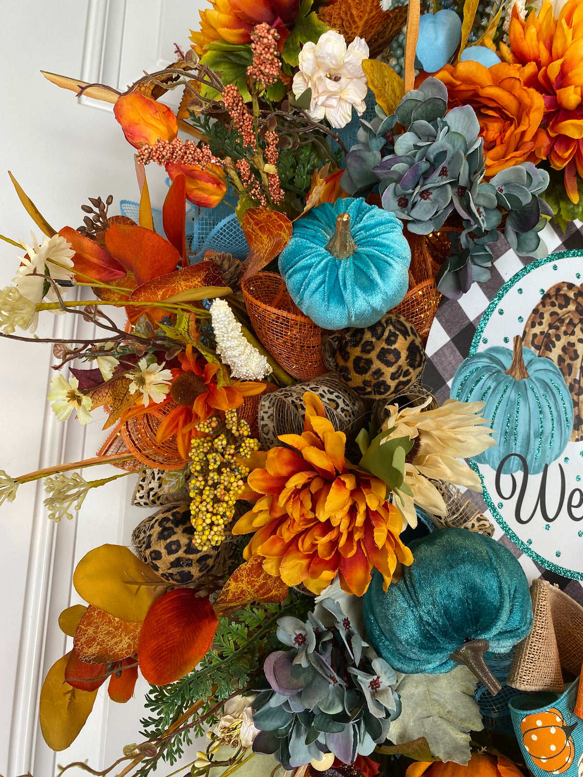 Large Leopard Pumpkin Fall Wreath, Floral Autumn