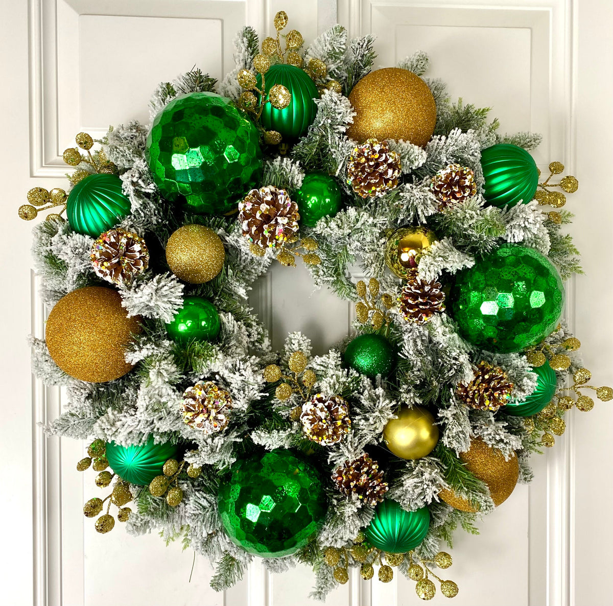 Lighted Green and Gold Christmas Ornament Pinecone Wreath: Winter Porch Decor