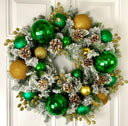 Lighted Green and Gold Christmas Ornament Pinecone Wreath: Winter Porch Decor