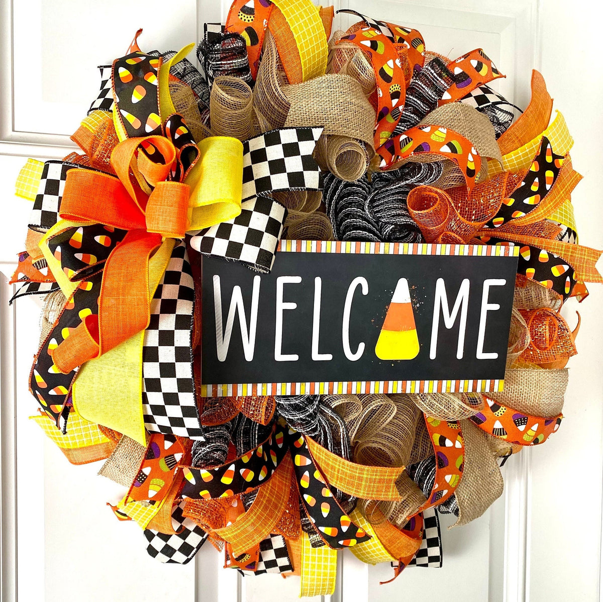 Candy Corn Halloween Wreath: Farmhouse Fall Front Door Decor