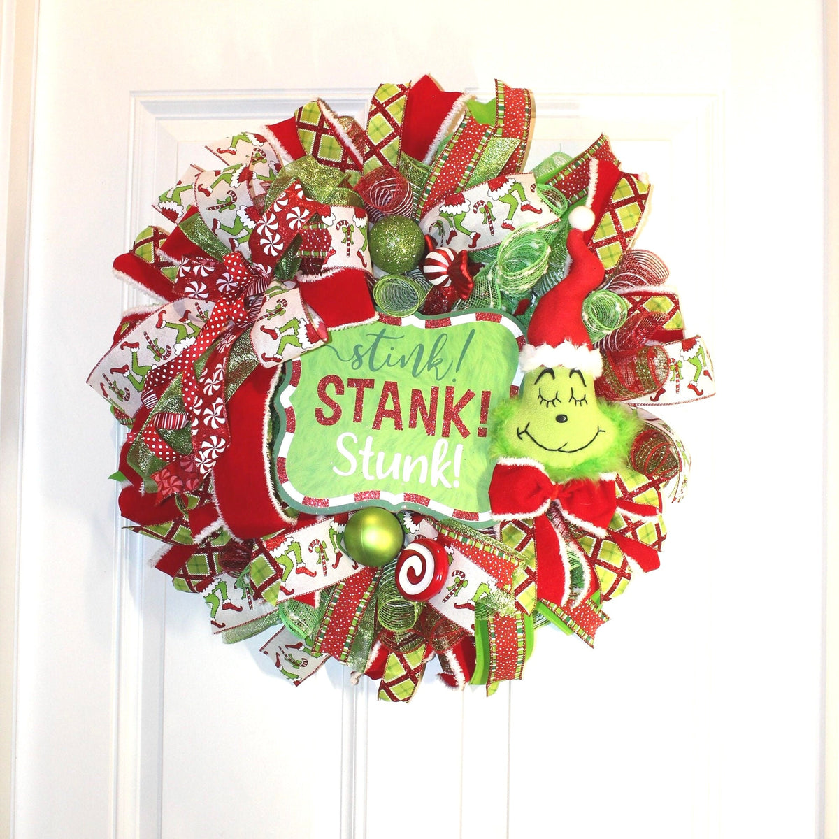 Green Monster Christmas Wreath, Whimsical Red Peppermint Holiday Front Door Decor